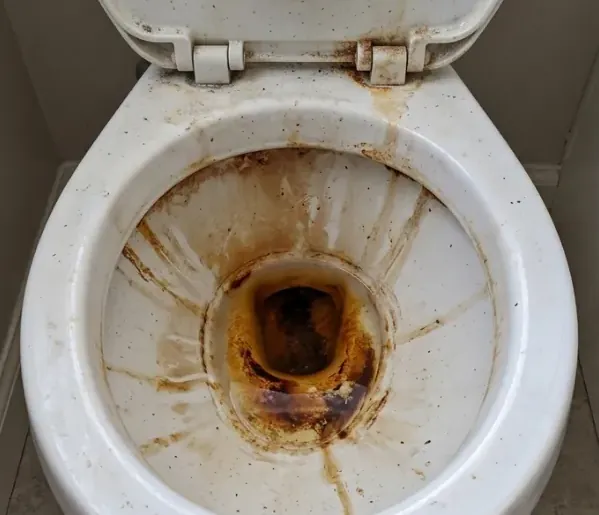 Toilet bowl before cleaning, with heavy limescale staining